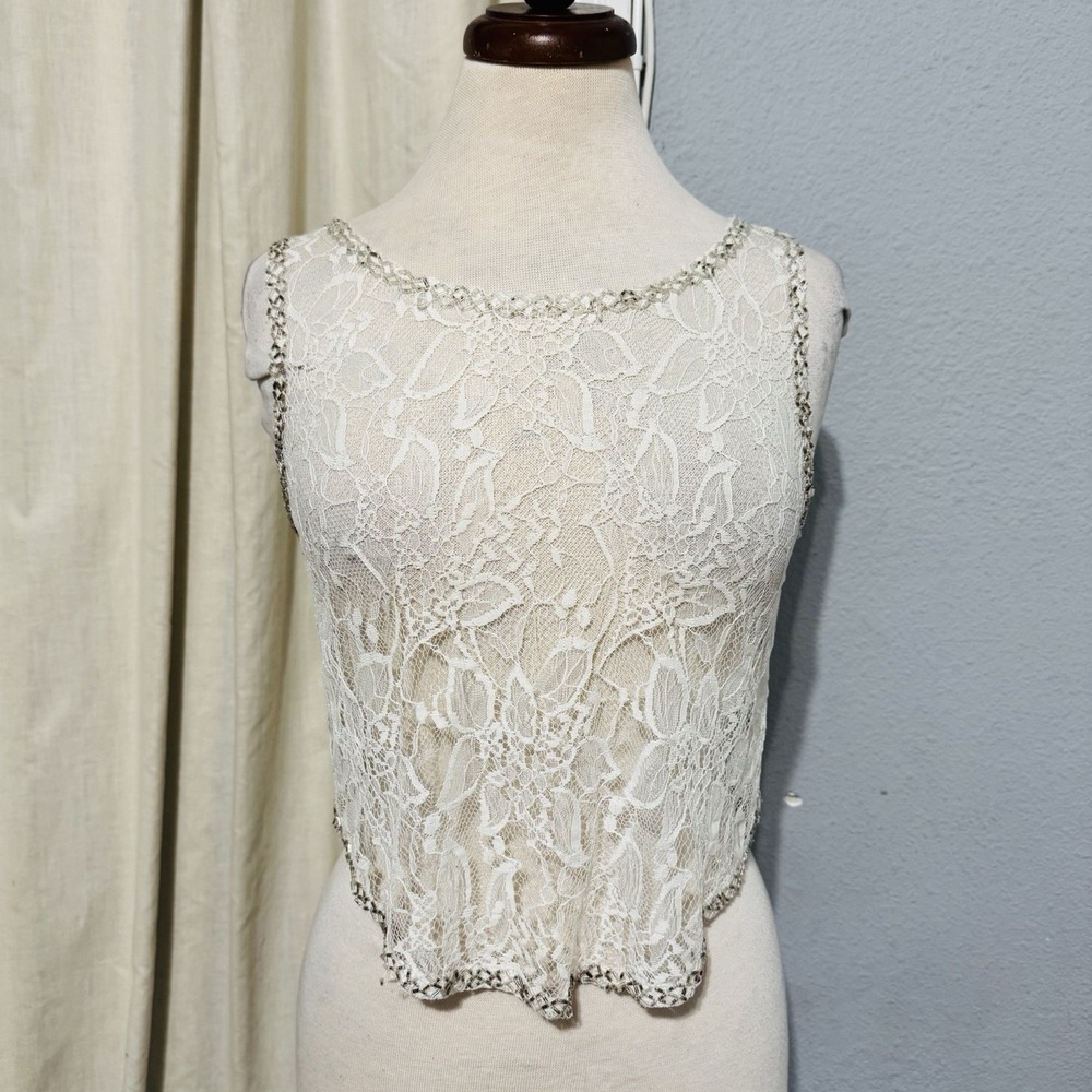 Foreign Exchange Y2K Ivory Beaded Lace Cropped Floral‎ Fairy Tank Top Sz Small